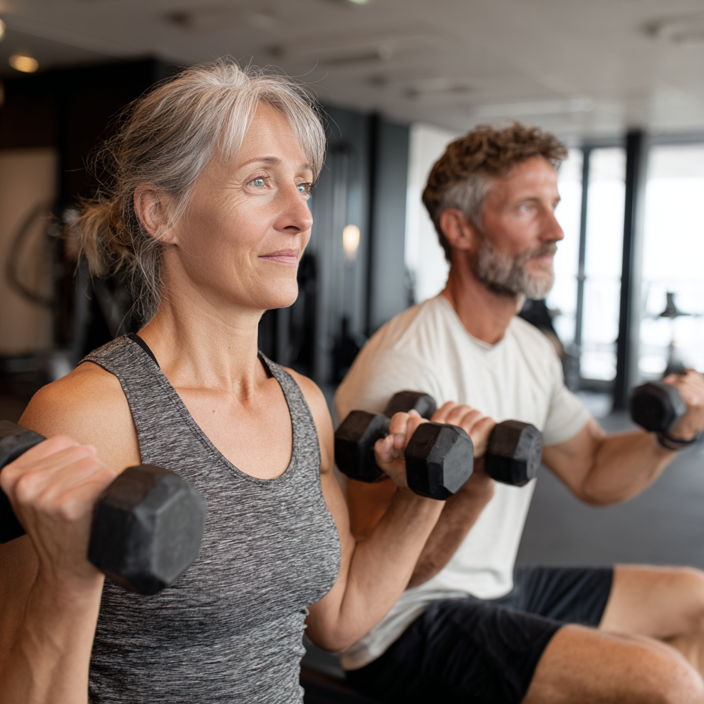 Чоловік та жінка у віці 50-60 років виконують силові вправи з гантелями у сучасному фітнес-залі