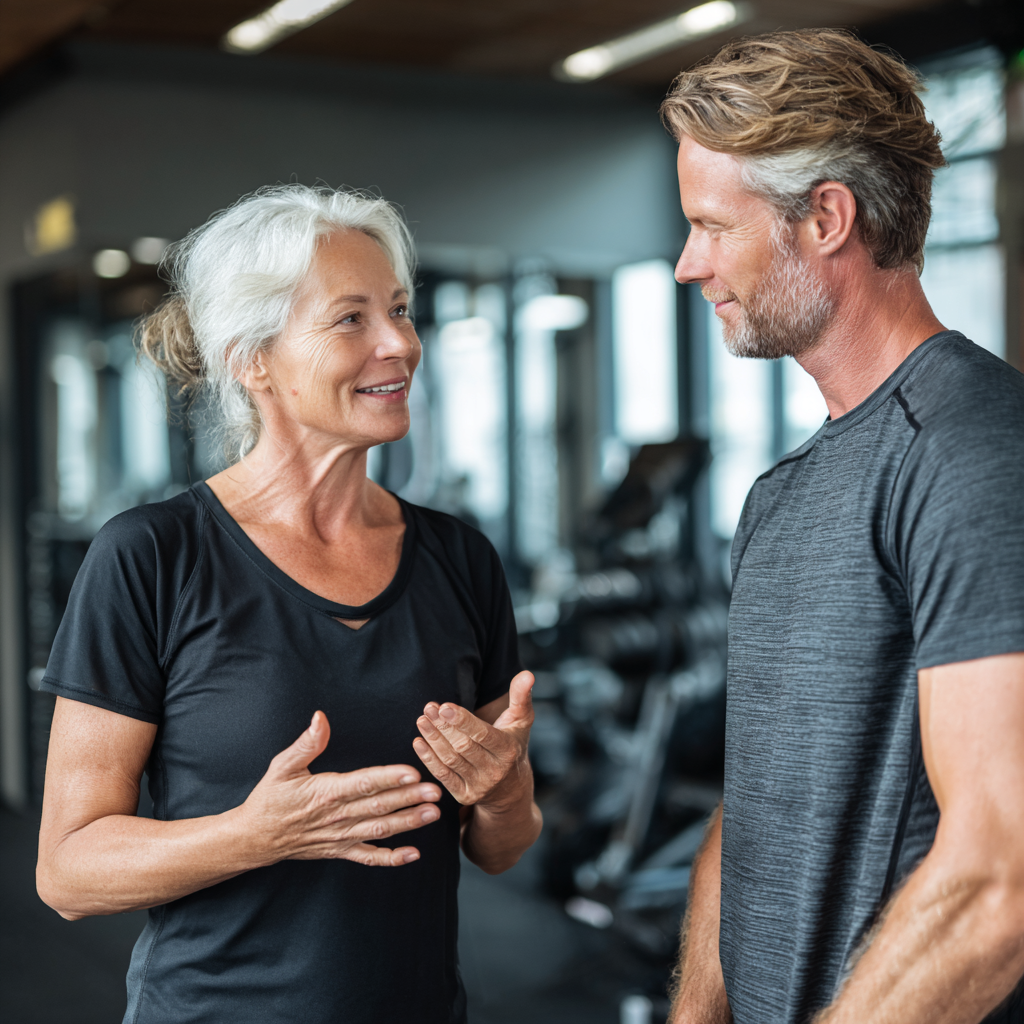Жінка у віці 60 років отримує консультацію від фітнес-тренера у сучасному спортивному залі