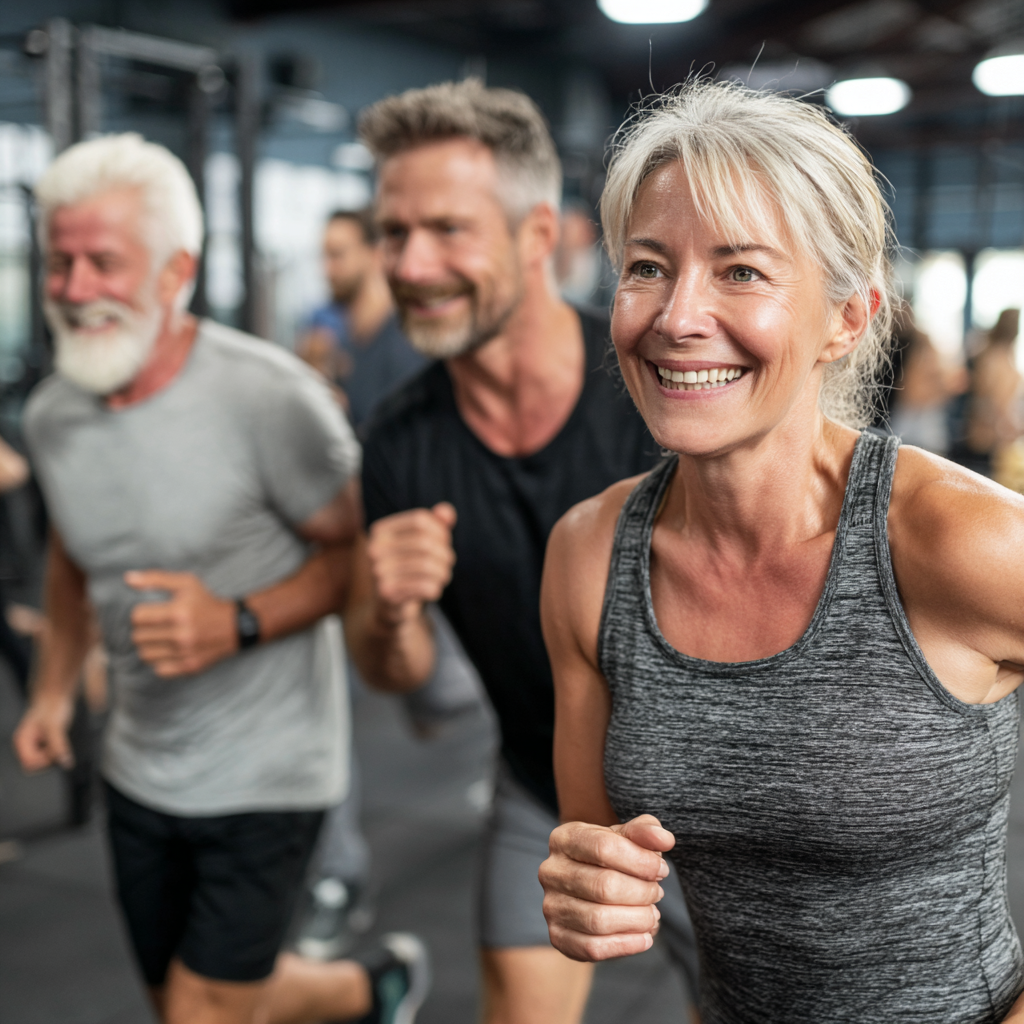 Група людей у віці 50-60 років виконує HIIT тренування у спортивному залі з професійним тренером