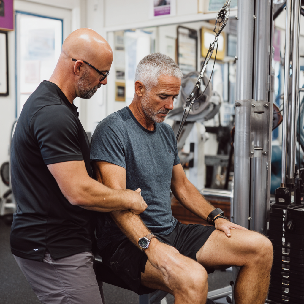 Персональний тренер працює з клієнтом у віці 55 років, демонструючи правильну техніку виконання вправ